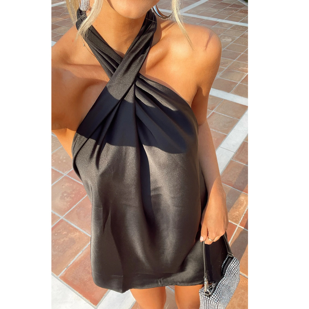 Show Me Your Mumu Jasmine Halter Mini Dress Black Luxe Satin Size Small Babydoll